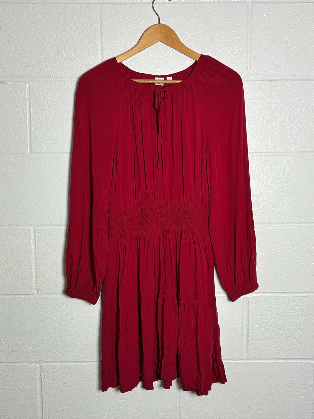 GAP maroon long sleeve mocked waist tie neck dress